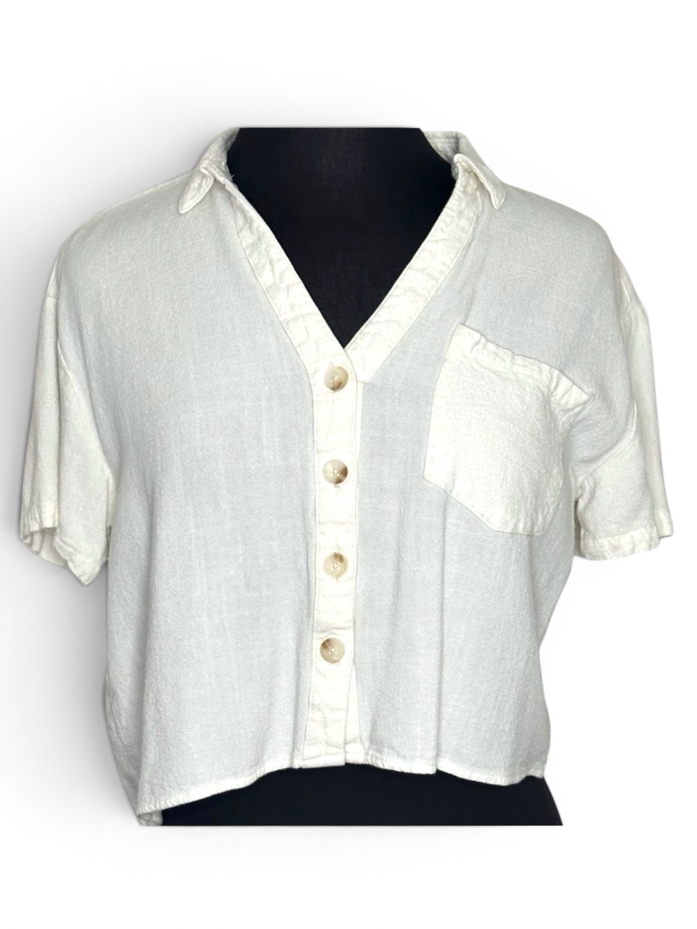 Love Notes White 100% Linen Short Sleeve Button Down Cropped Shirt Large